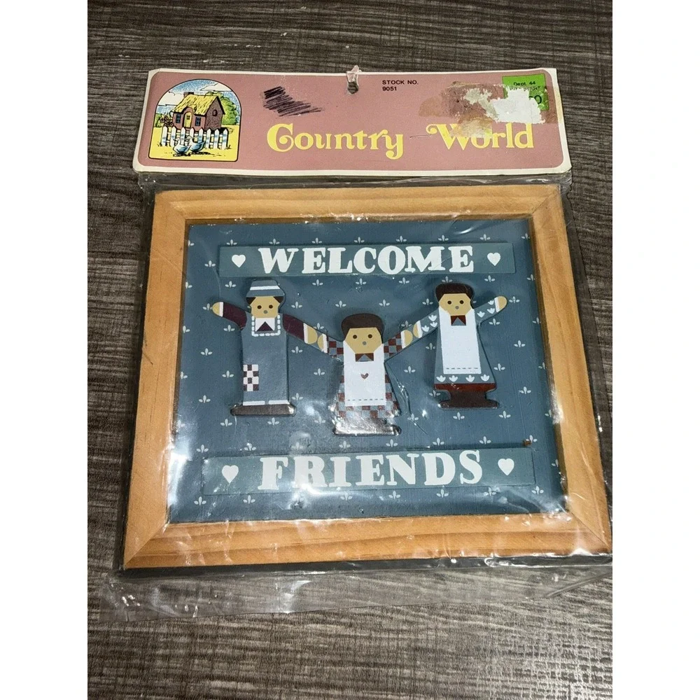 Vintage Folk Art Welcome Sign People Wood Country Friends